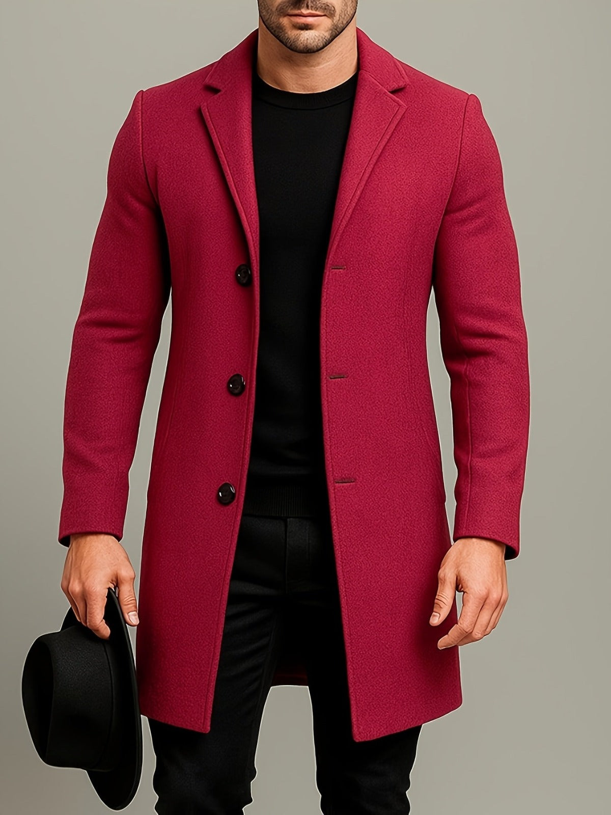Men's Mid-Length Overcoat with Lapel Collar and Button Closure