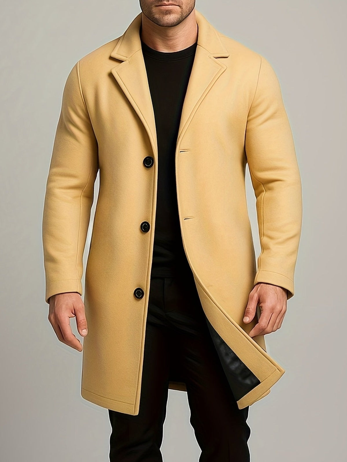 Men's Mid-Length Overcoat with Lapel Collar and Button Closure