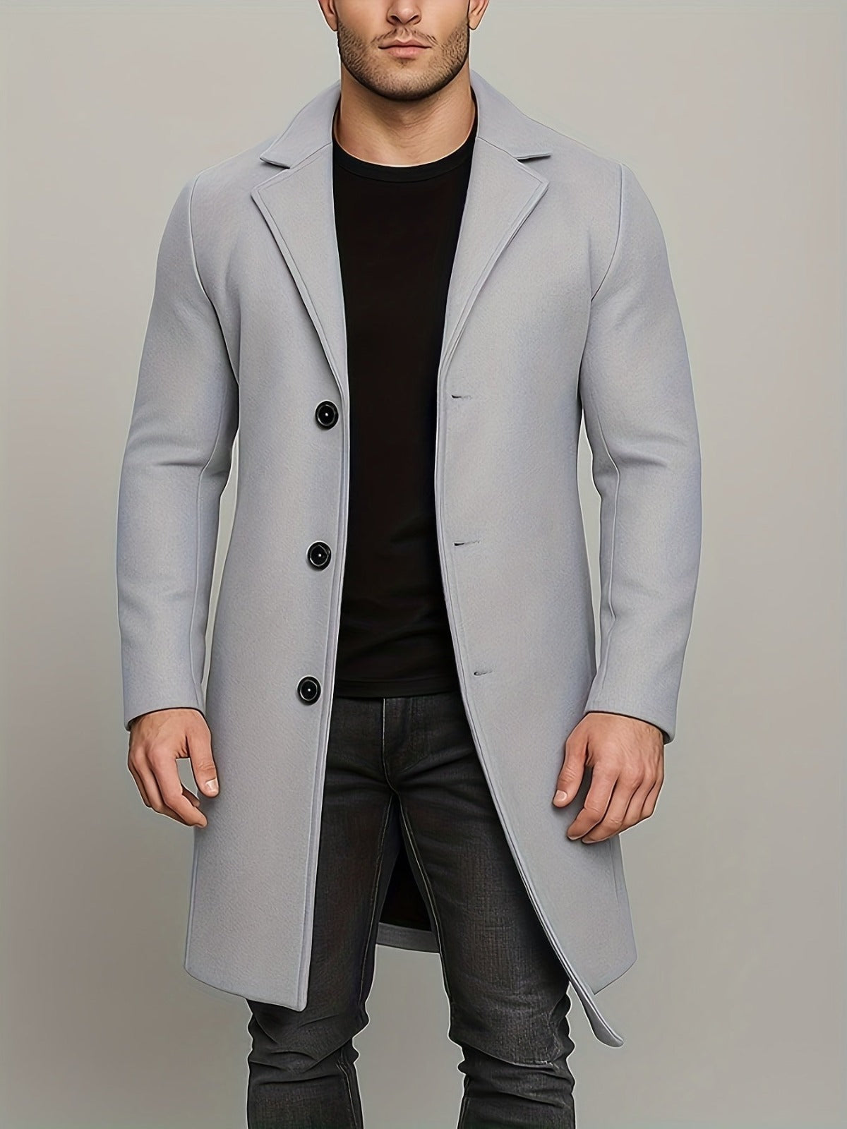 Men's Mid-Length Overcoat with Lapel Collar and Button Closure