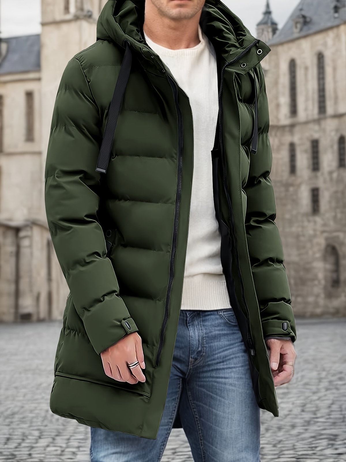 Men's Mid-Length Puffer Coat with Hood and Zip Pockets
