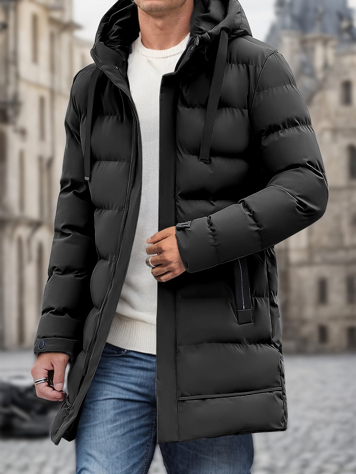 Men's Mid-Length Puffer Coat with Hood and Zip Pockets