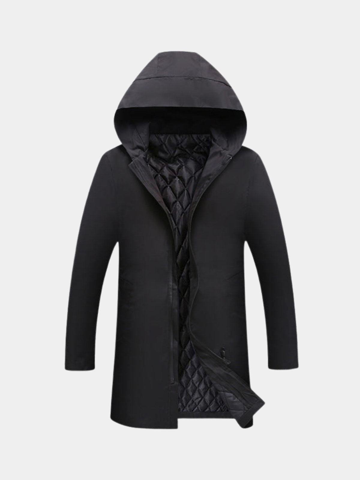 Men's Mid-Length Winter Coat with Hood and Zip Closure
