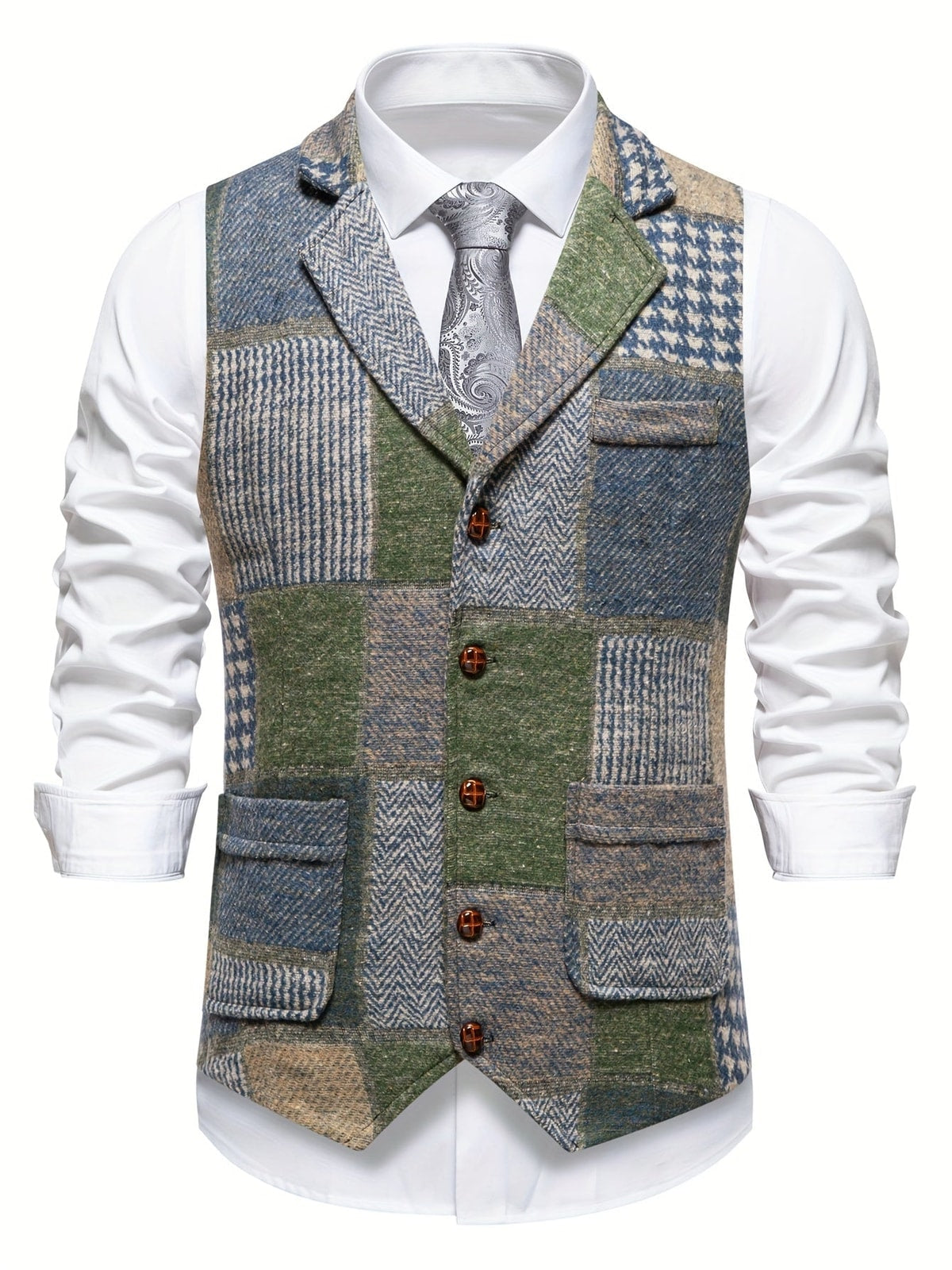 Men's Patchwork Waistcoat with Lapel Collar and Adjustable Back Strap