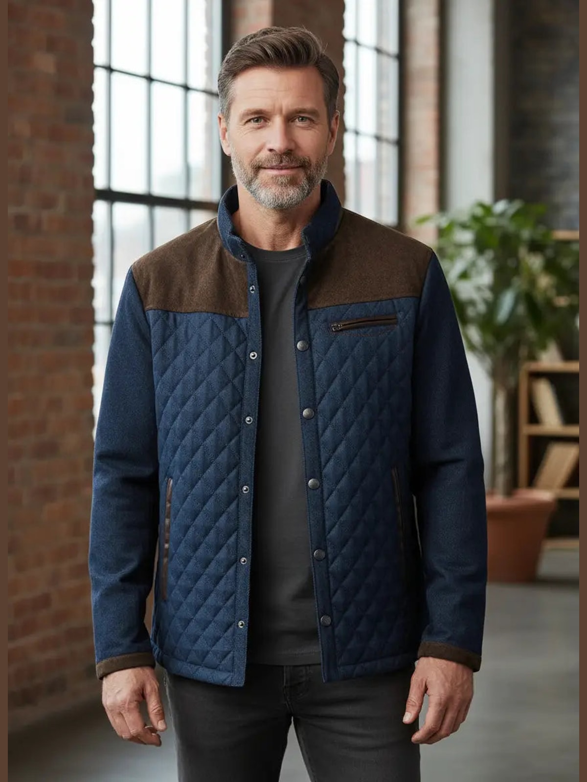 Men's Quilted Jacket with Stand Collar and Contrast Shoulders