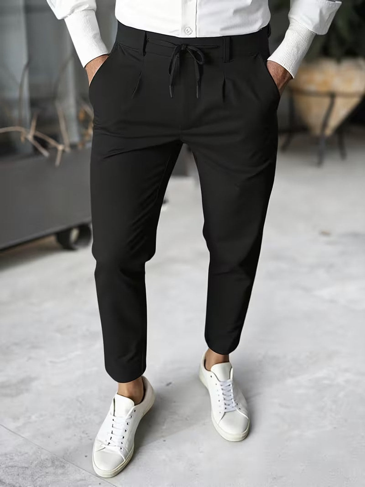 Men's Tapered Ankle Trousers with Front Pleats and Drawstring Waist