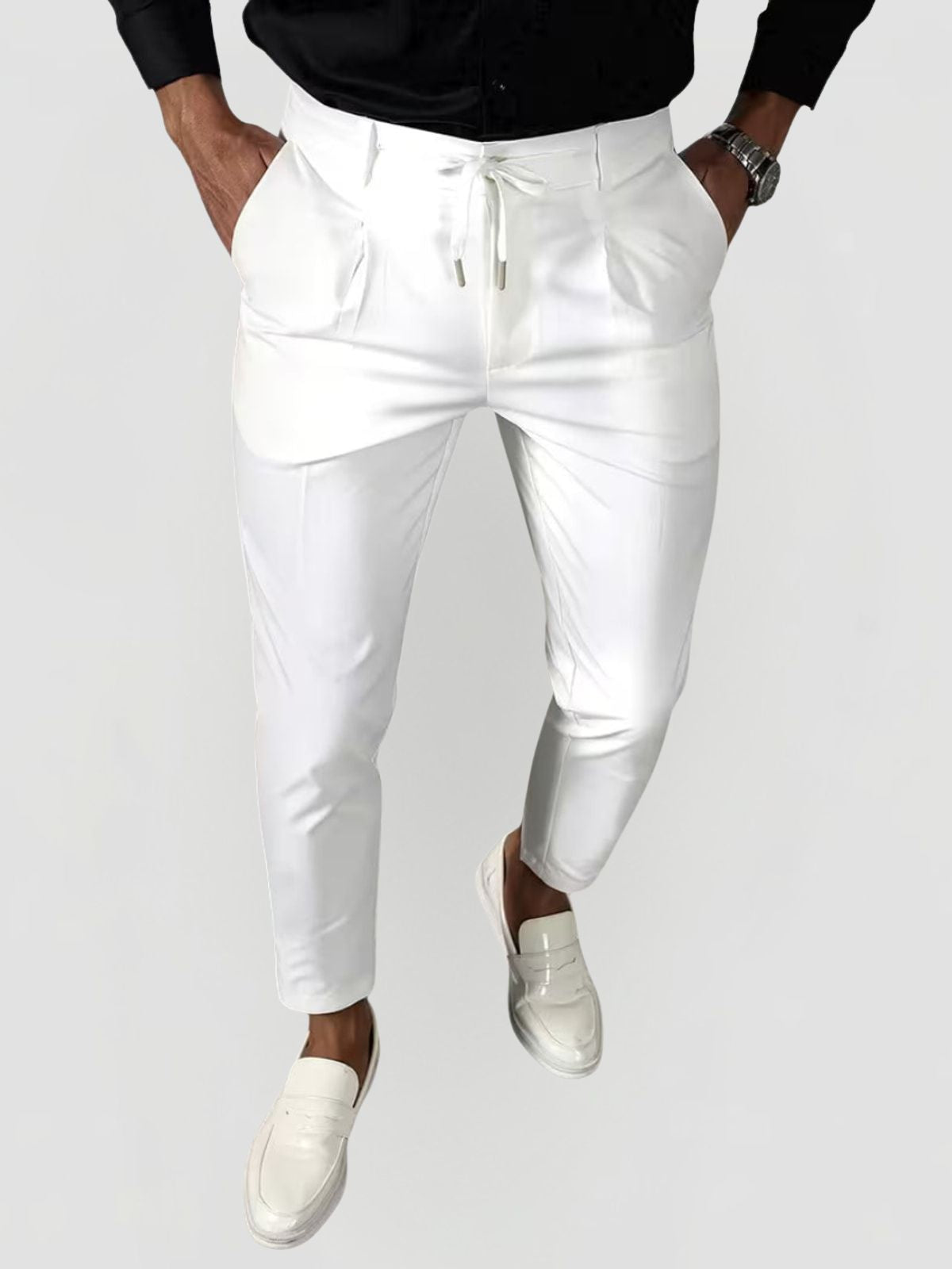 Men's Tapered Ankle Trousers with Front Pleats and Drawstring Waist