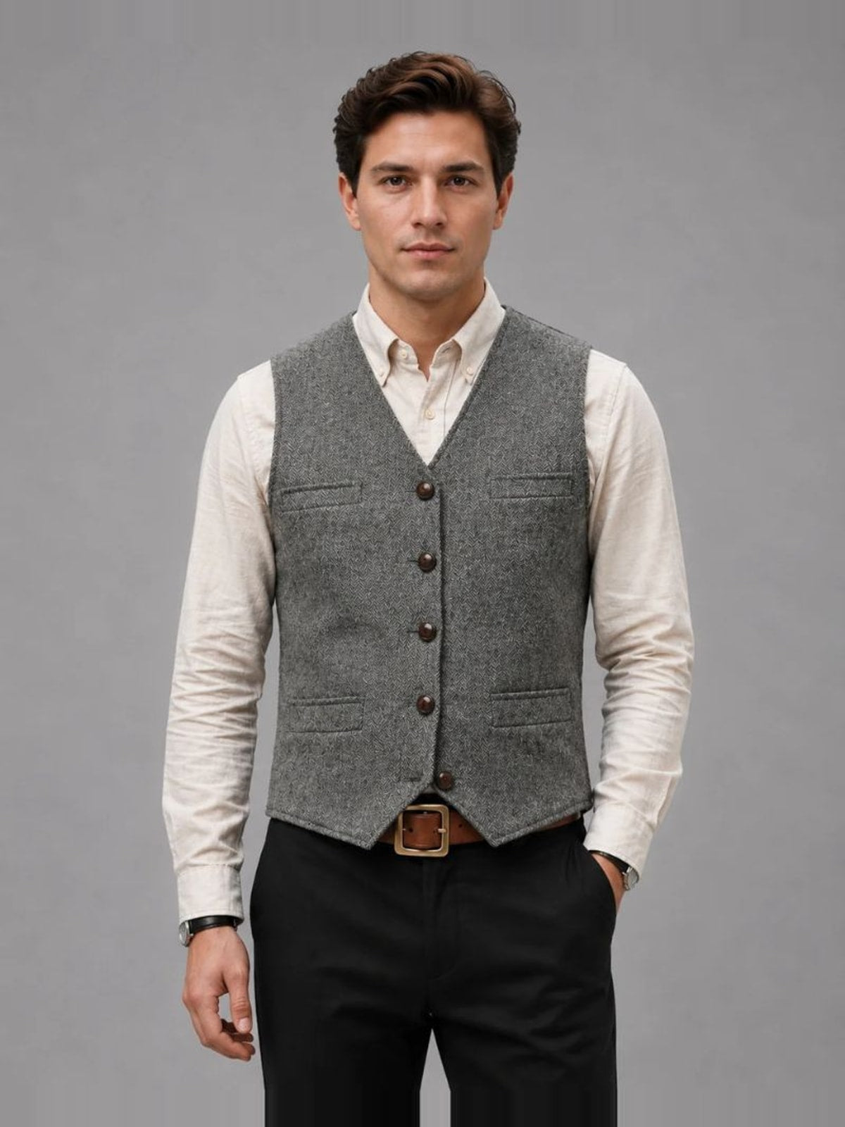 Men's Tweed Waistcoat with V-Neck and Button Closure