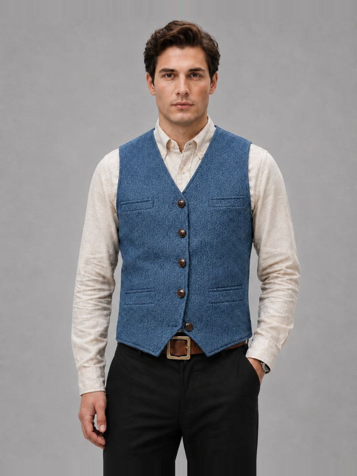 Men's Tweed Waistcoat with V-Neck and Button Closure