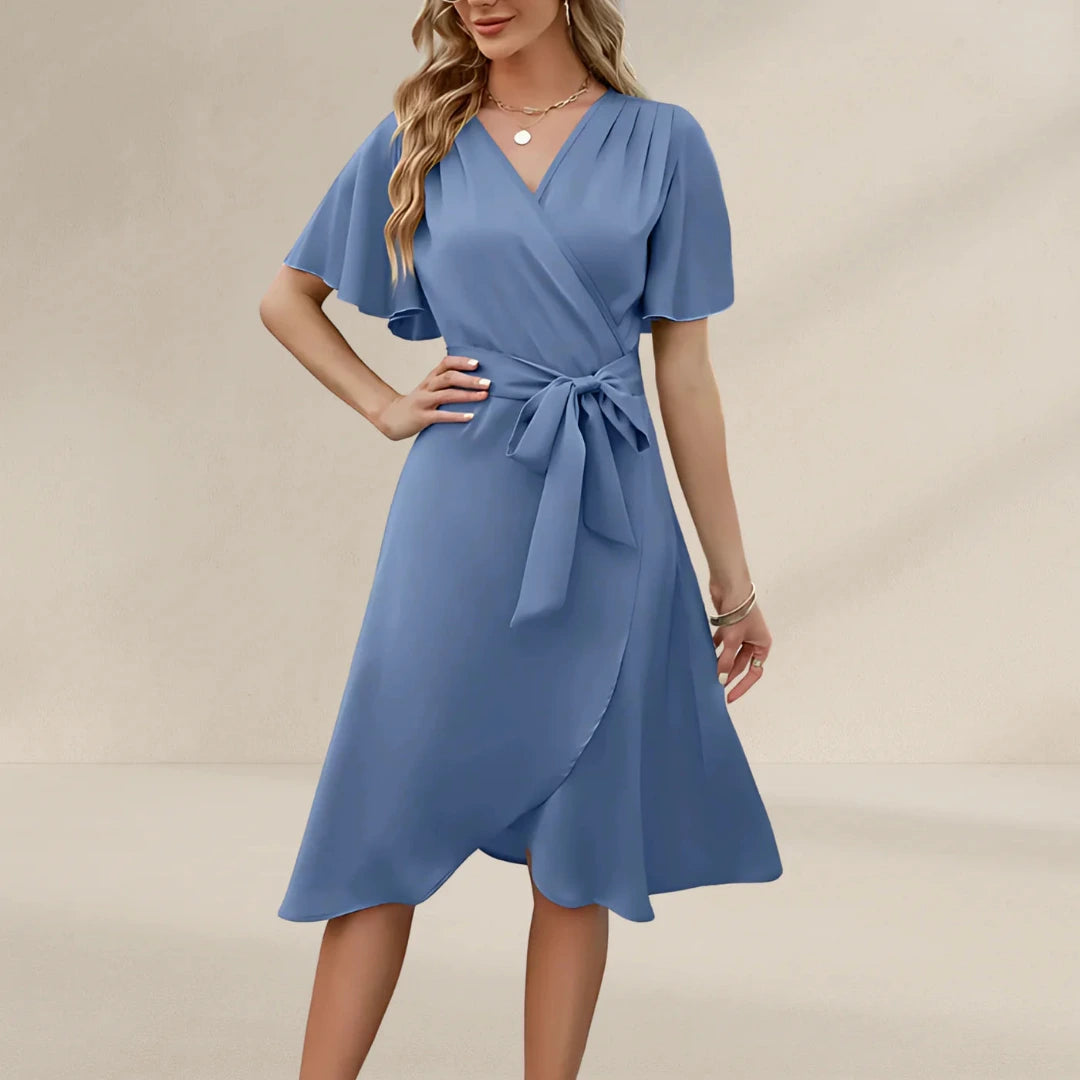 Midi Wrap Dress with Tie Waist and Flutter Sleeves