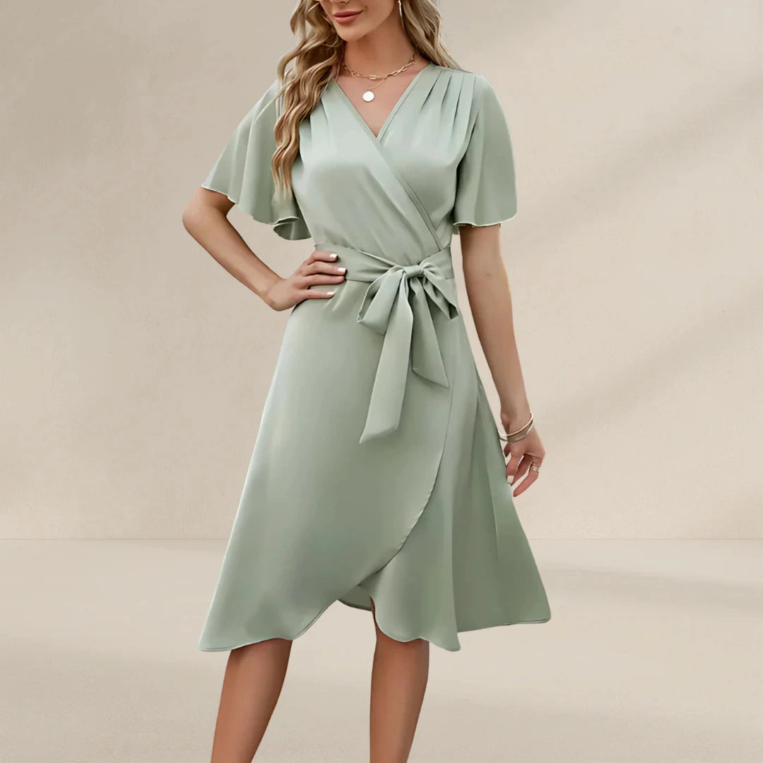 Midi Wrap Dress with Tie Waist and Flutter Sleeves
