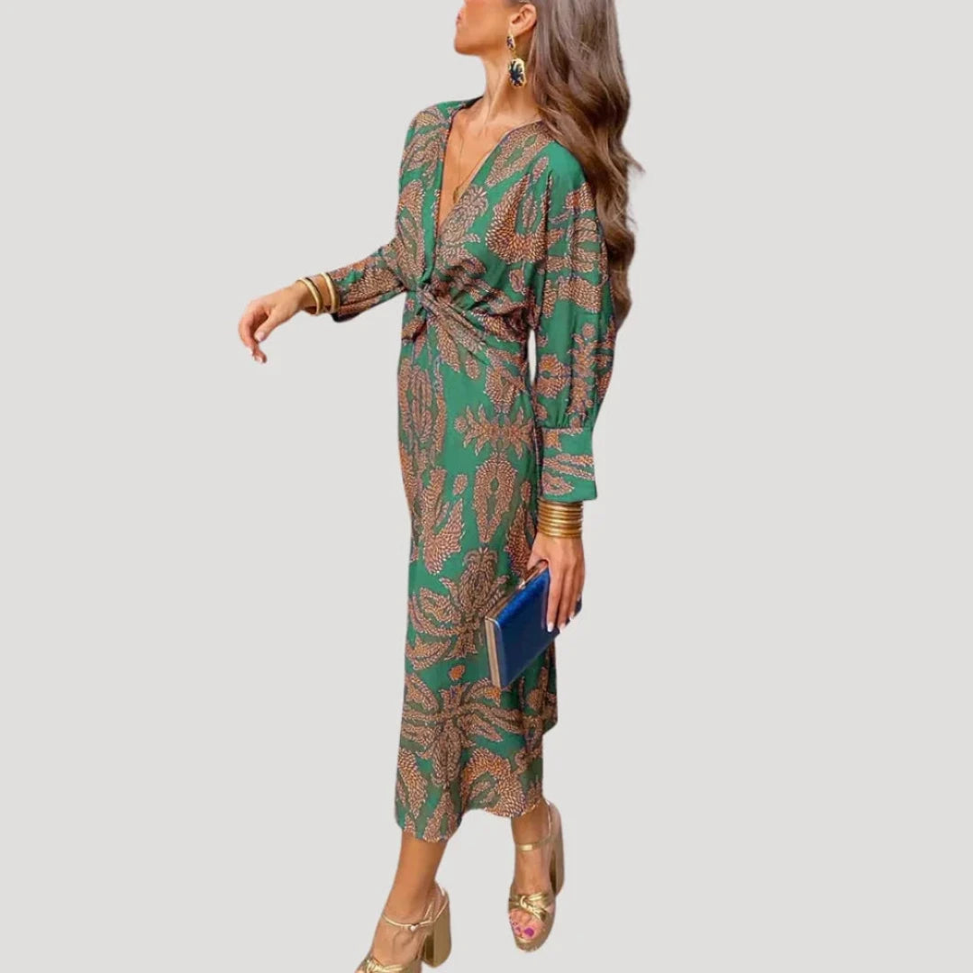 Midi wrap Dress with Long Sleeves and Print