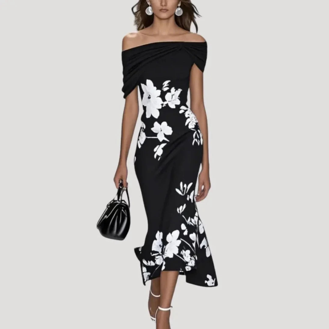 Off Shoulder Midi Dress with Floral Print and Draped Detail