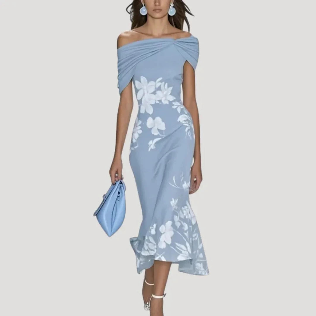 Off Shoulder Midi Dress with Floral Print and Draped Detail