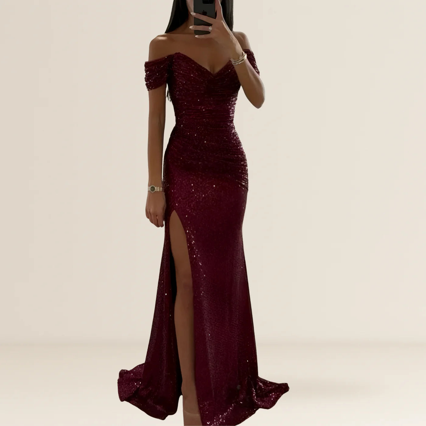 Off Shoulder Sequin Maxi Dress with Side Split