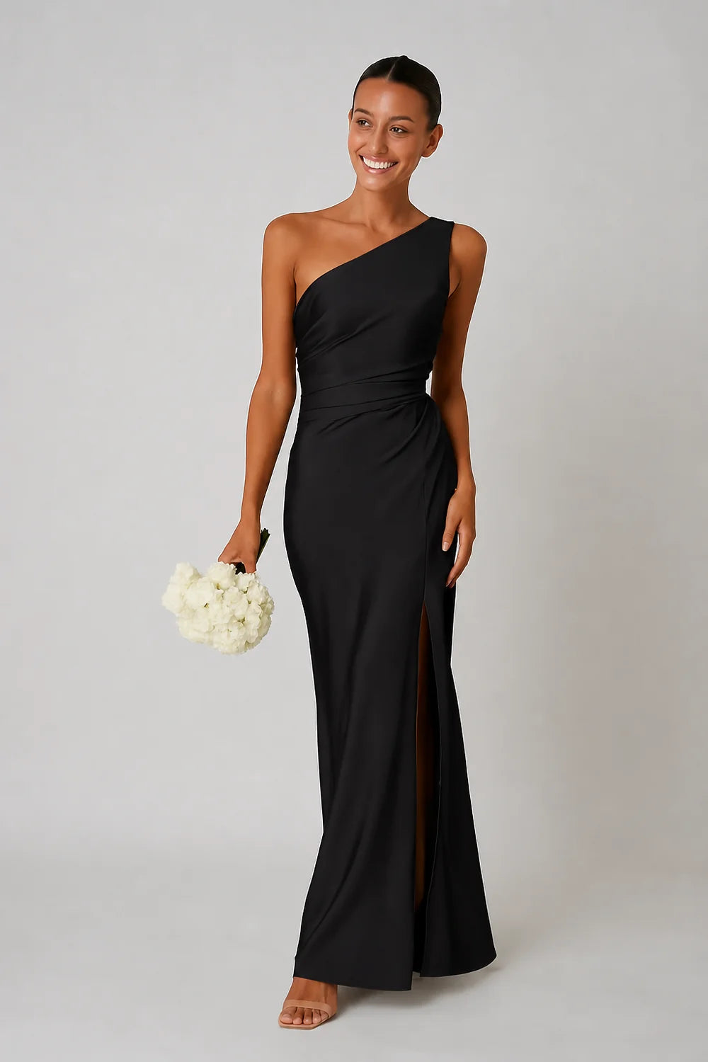 One-Shoulder Satin Look Maxi Dress with Side Split