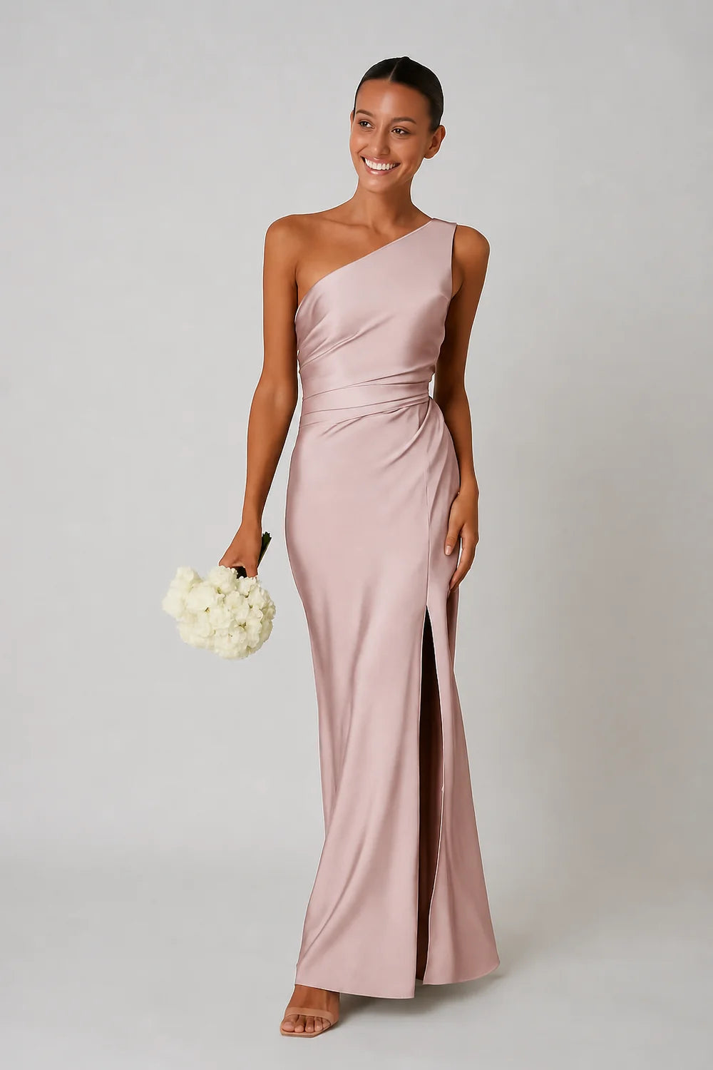 One-Shoulder Satin Look Maxi Dress with Side Split