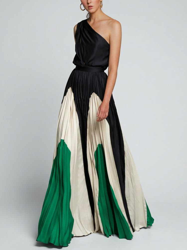 One Shoulder Maxi Dress with Pleated Skirt and Draped Detail