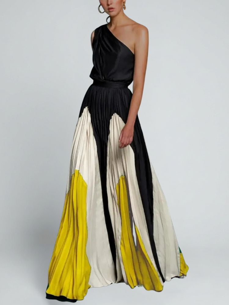 One Shoulder Maxi Dress with Pleated Skirt and Draped Detail