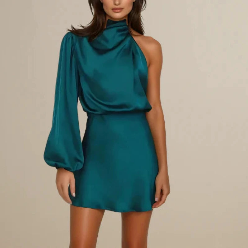 One Shoulder Satin Look Mini Dress with Asymmetric Design