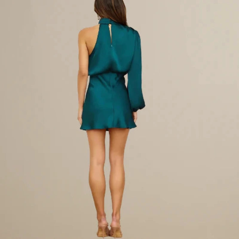 One Shoulder Satin Look Mini Dress with Asymmetric Design