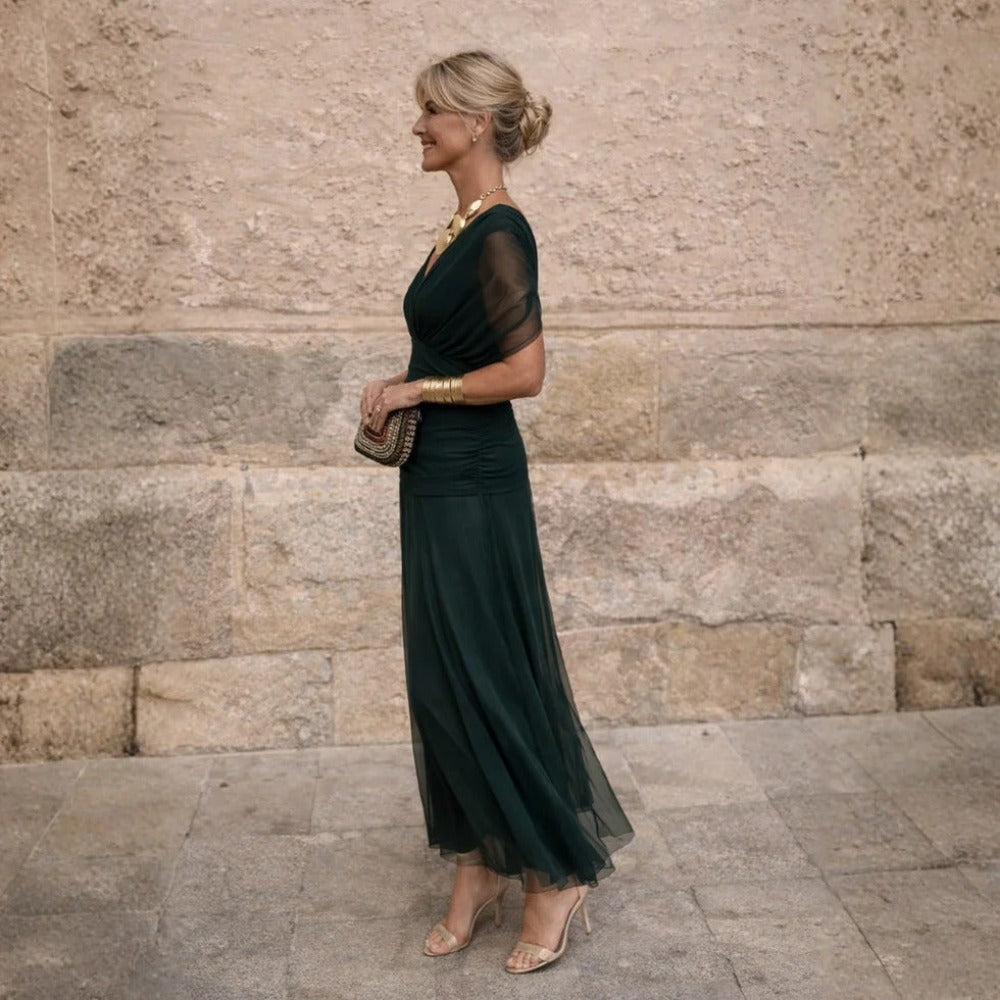 Party Dress with Ruched Bodice and Flowing Maxi Skirt