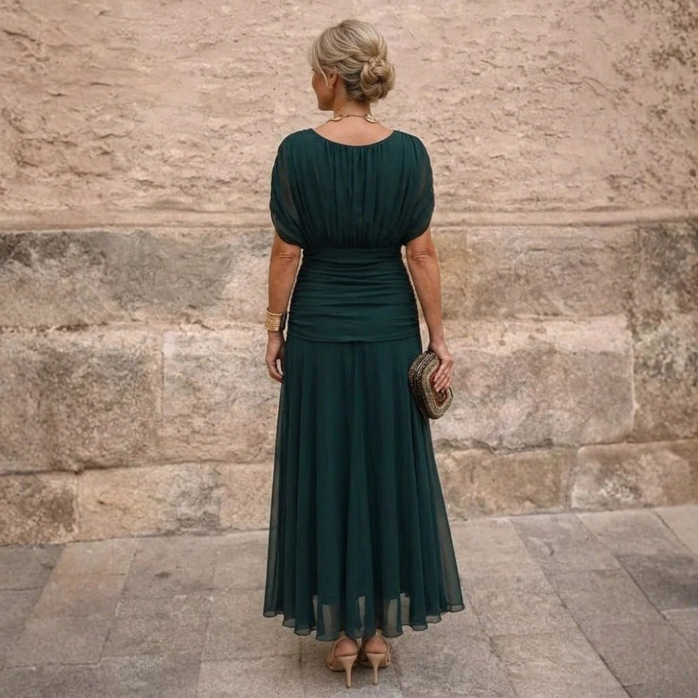 Party Dress with Ruched Bodice and Flowing Maxi Skirt