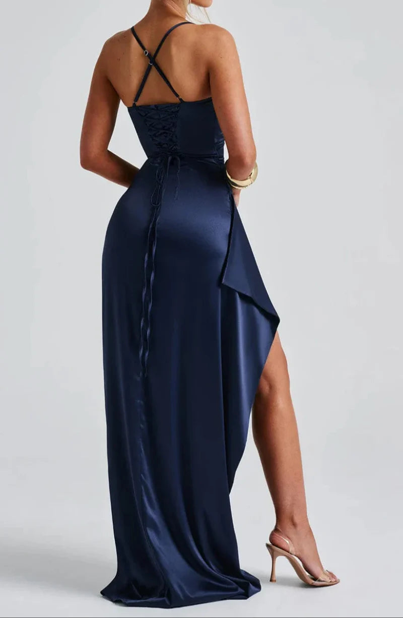 Satin Look Maxi Dress with Spaghetti Straps and Side Split