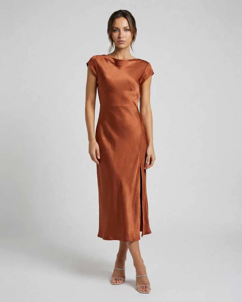 Satin Look Midi Dress with Boat Neck and Side Split