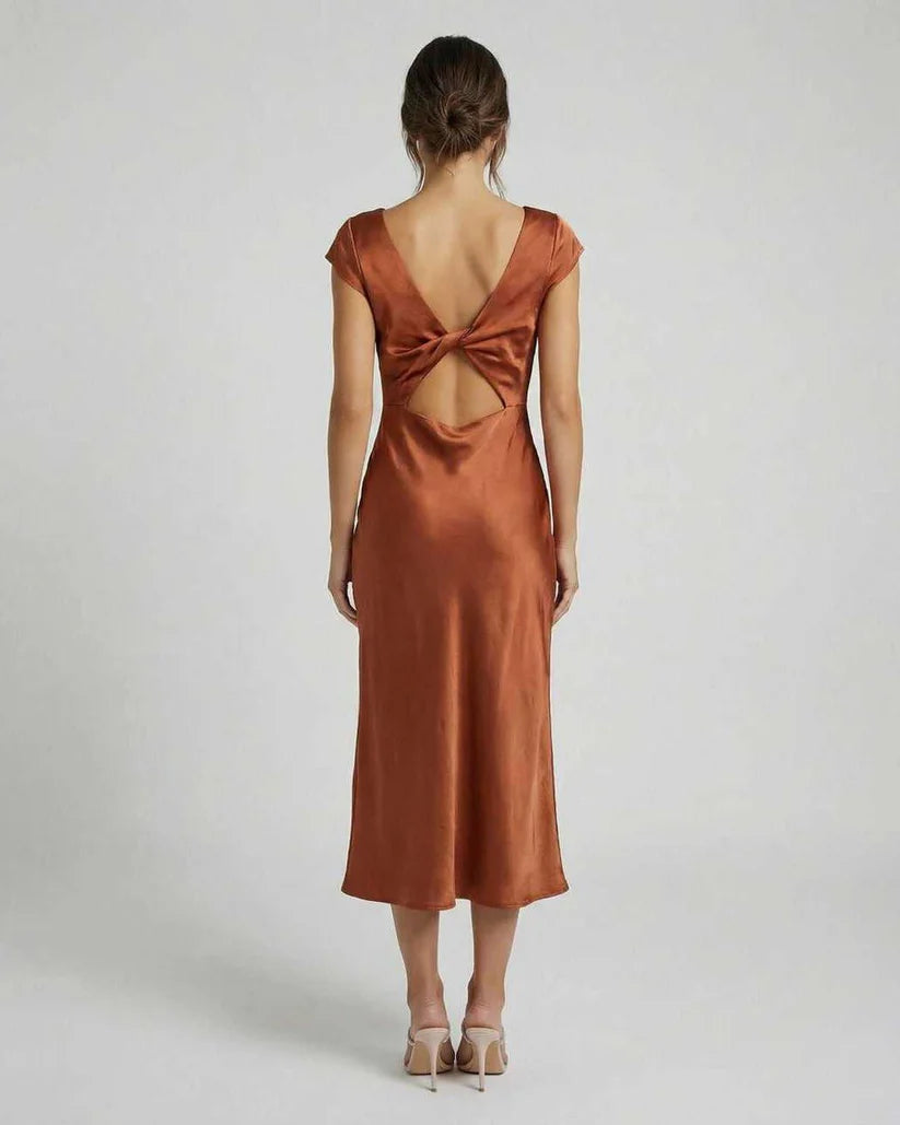 Satin Look Midi Dress with Boat Neck and Side Split