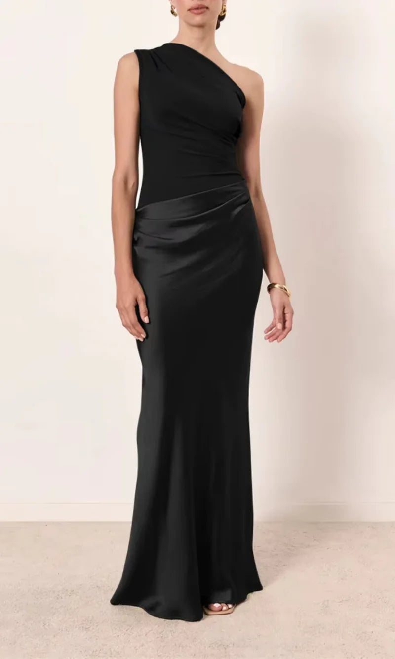 Satin Look One Shoulder Maxi Dress with Draped Detail