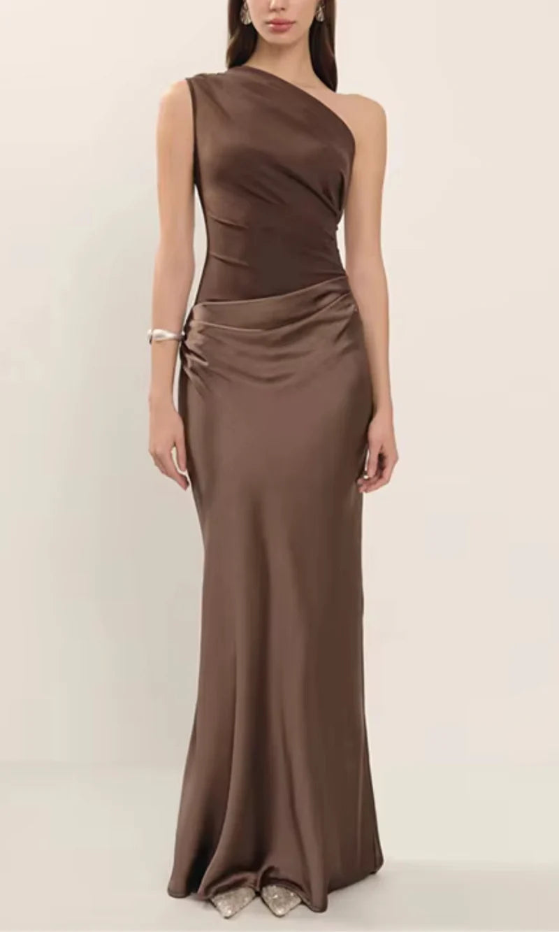 Satin Look One Shoulder Maxi Dress with Draped Detail