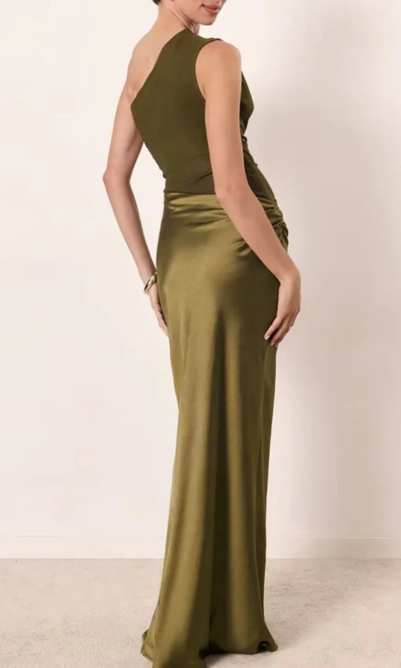 Satin Look One Shoulder Maxi Dress with Draped Detail