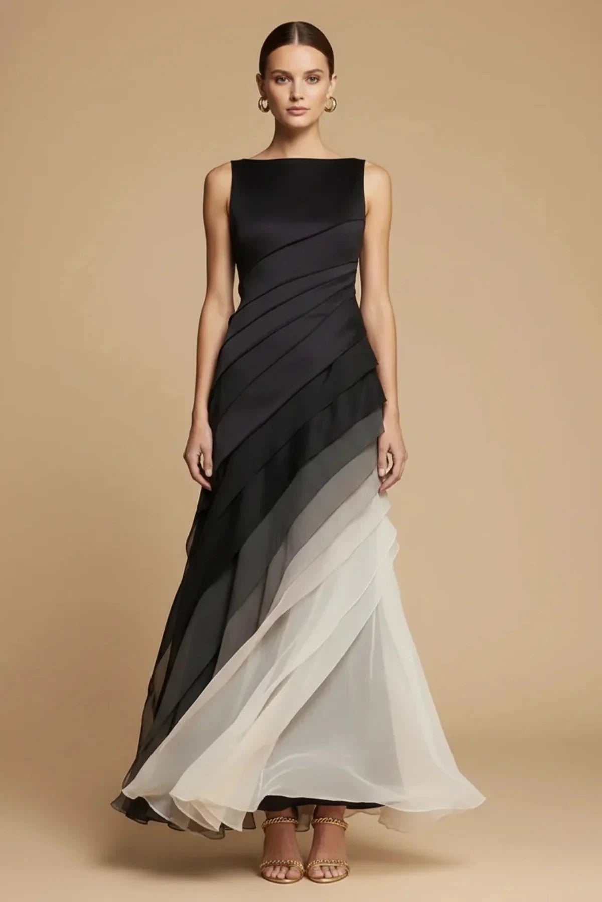 Sleeveless Maxi Dress with Boat Neck and Ombre Chiffon Skirt