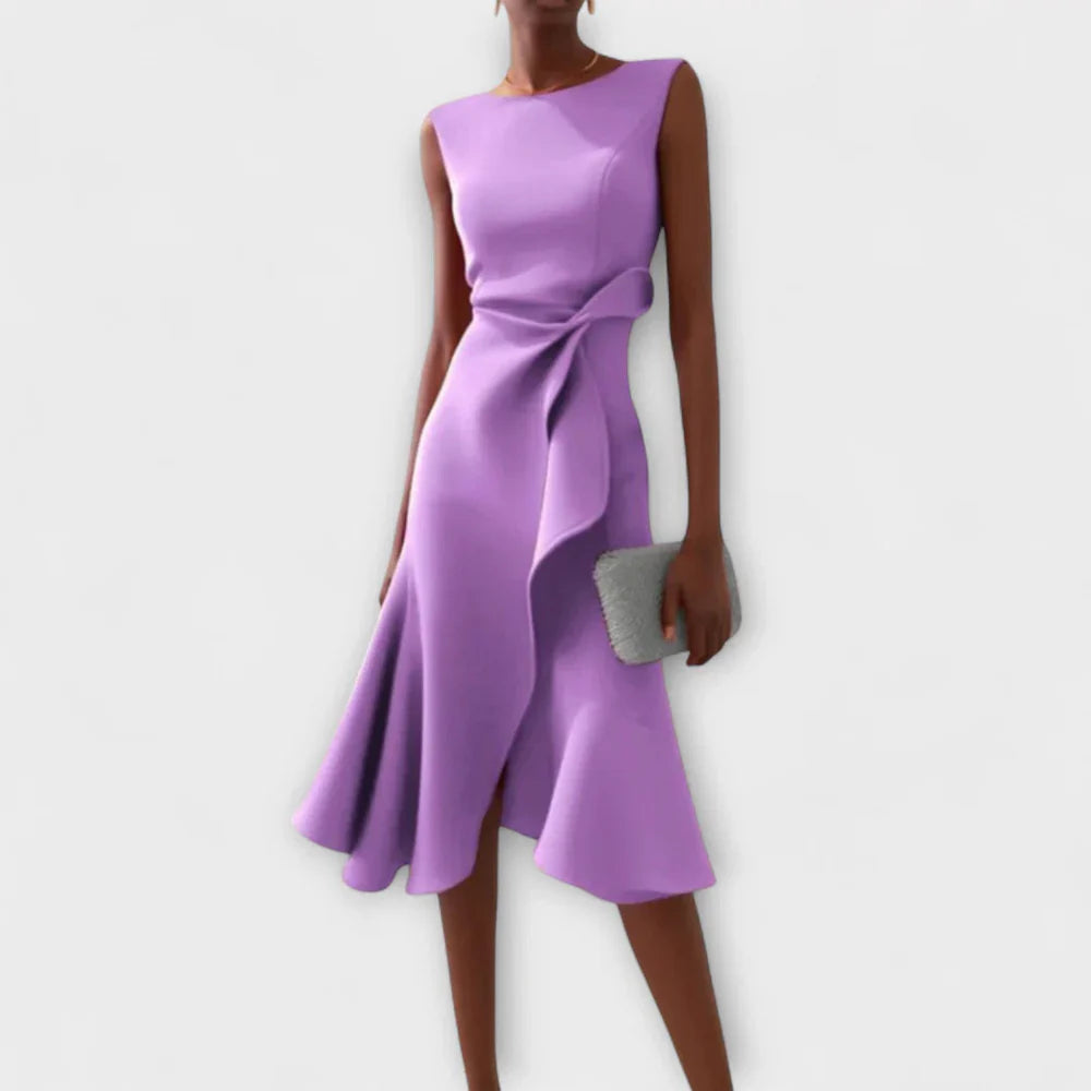 Sleeveless Midi Dress with Asymmetric Draped Detail and Ruffle Hem