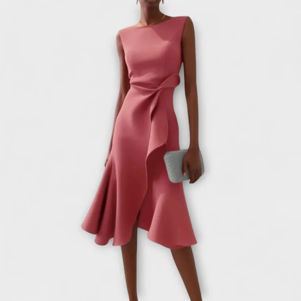 Sleeveless Midi Dress with Asymmetric Draped Detail and Ruffle Hem