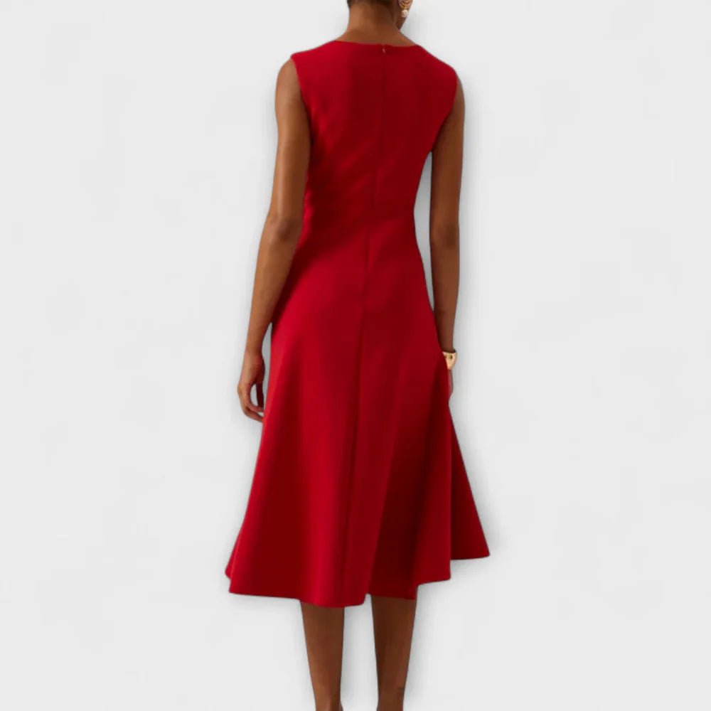 Sleeveless Midi Dress with Asymmetric Draped Detail and Ruffle Hem