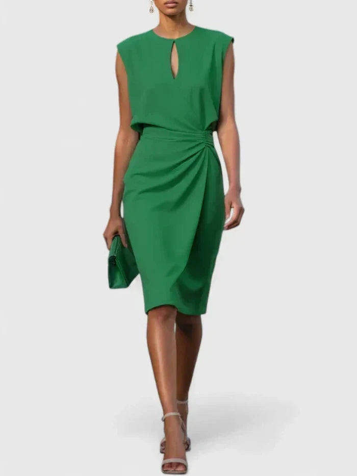 Sleeveless Midi Dress with Draped Waist and Asymmetric Hem