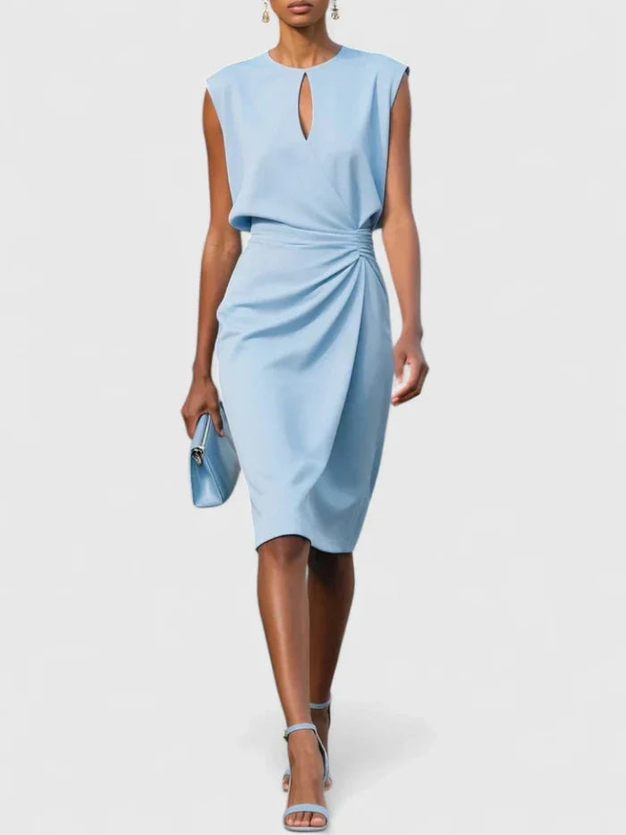 Sleeveless Midi Dress with Draped Waist and Asymmetric Hem