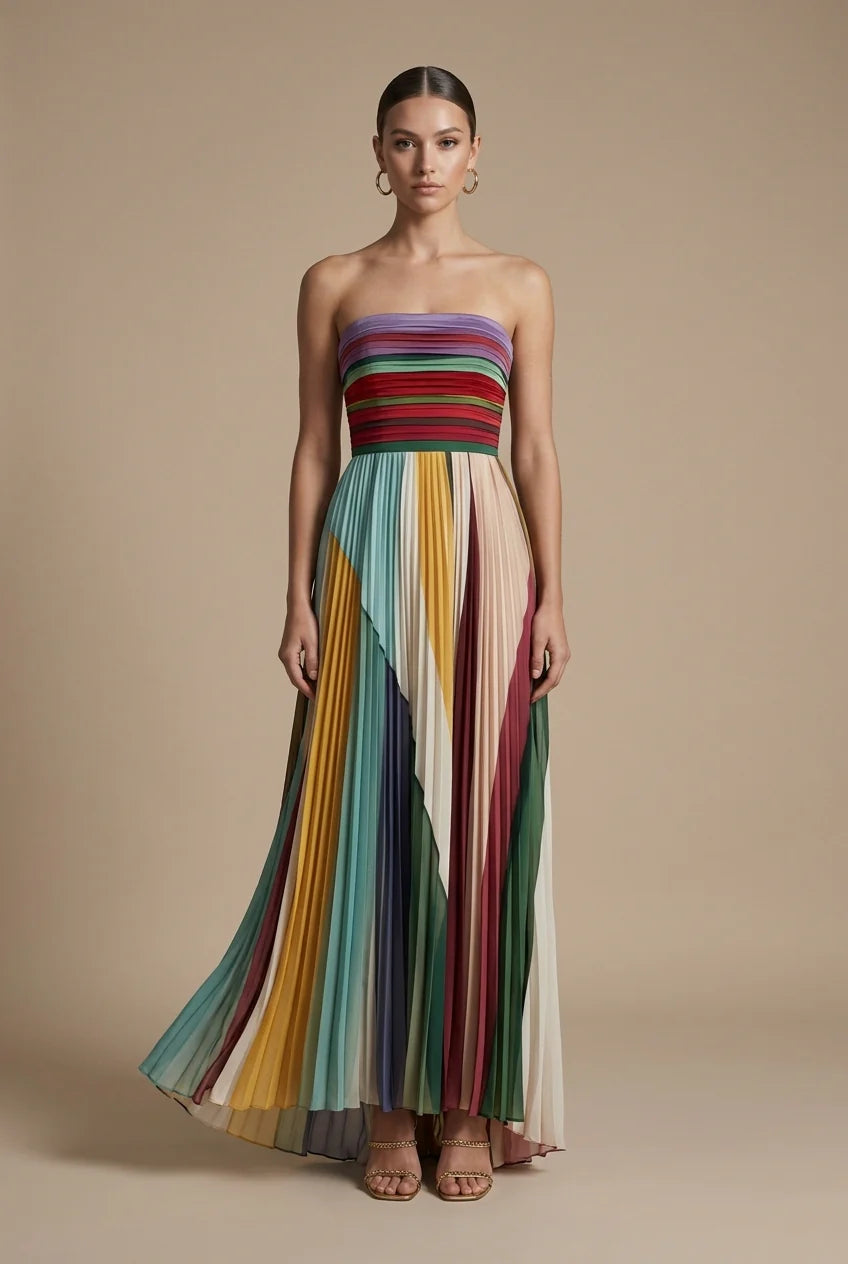 Strapless Maxi Dress with Smocked Bodice and Multicolour Stripe Pleated Skirt