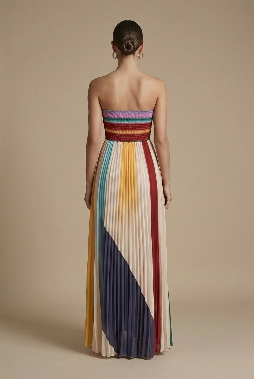 Strapless Maxi Dress with Smocked Bodice and Multicolour Stripe Pleated Skirt