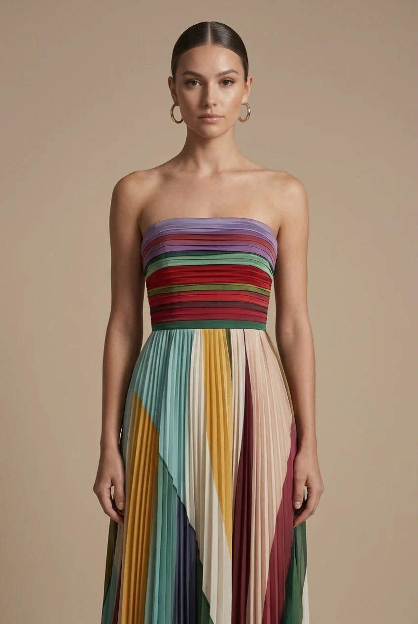 Strapless Maxi Dress with Smocked Bodice and Multicolour Stripe Pleated Skirt