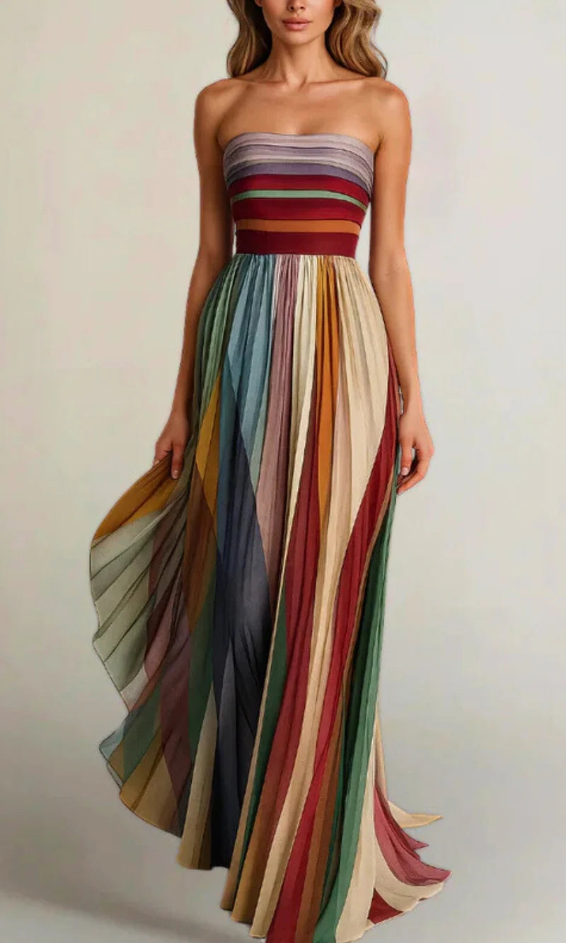 Strapless Summer Maxi Dress with Pleated Skirt