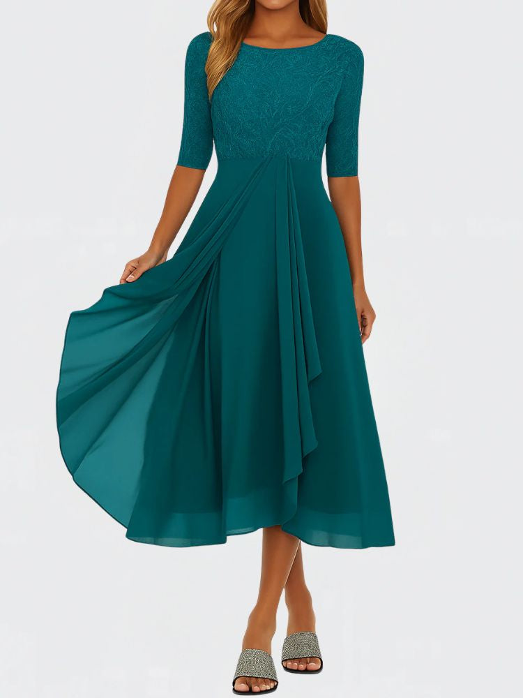 Summer Midi Dress with Short Sleeves and Chiffon Skirt