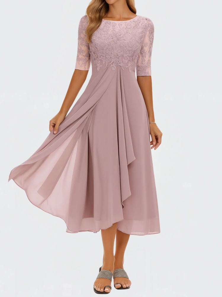 Summer Midi Dress with Short Sleeves and Chiffon Skirt