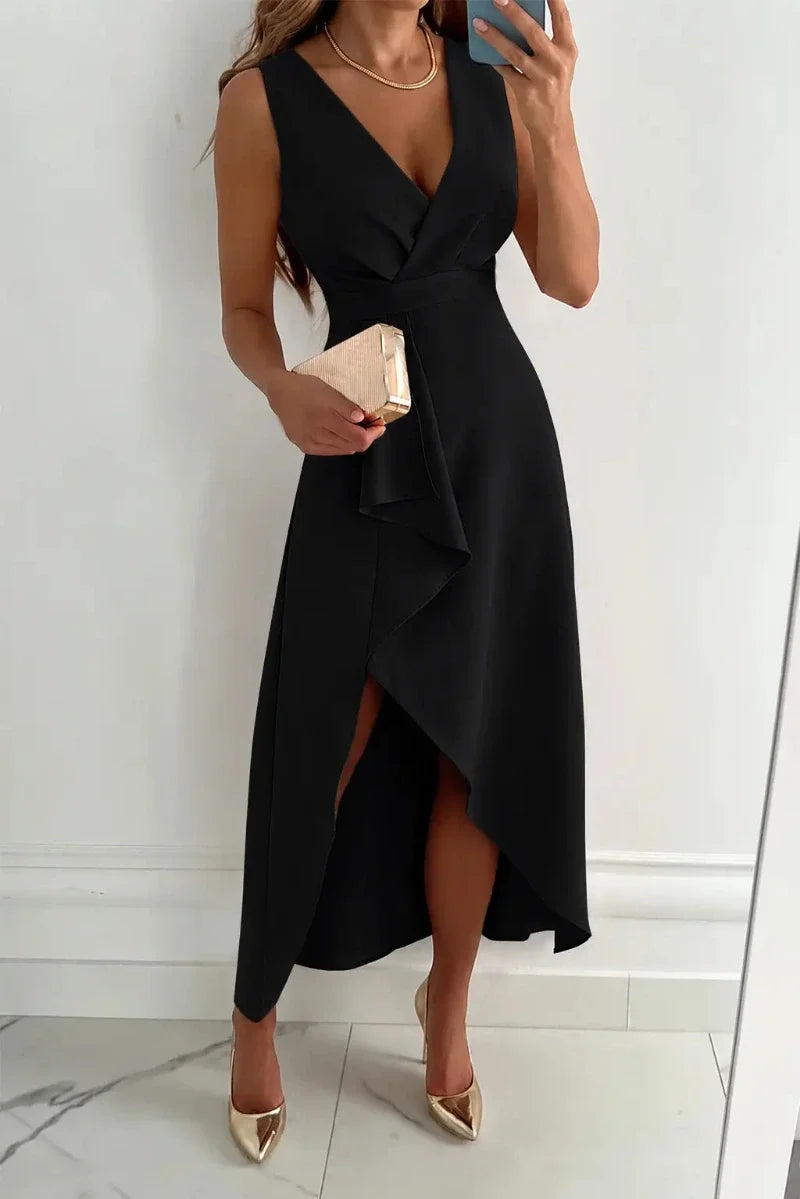V-Neck Maxi Dress with Wrap Detail and Asymmetric Hem