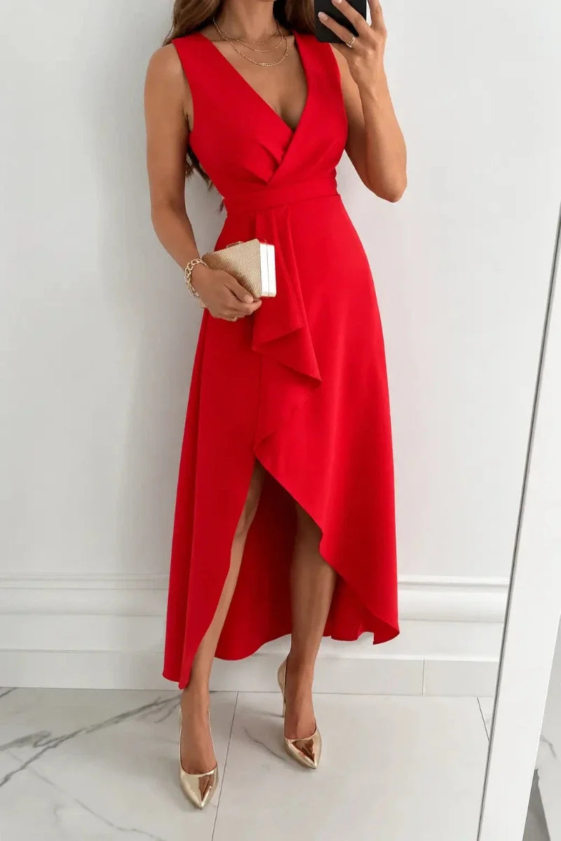V-Neck Maxi Dress with Wrap Detail and Asymmetric Hem