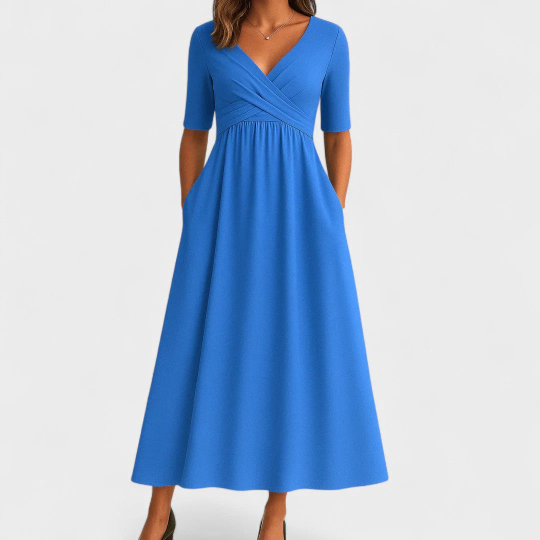 V-Neck Midi Dress with Pleated Waist Detail and Short Sleeves
