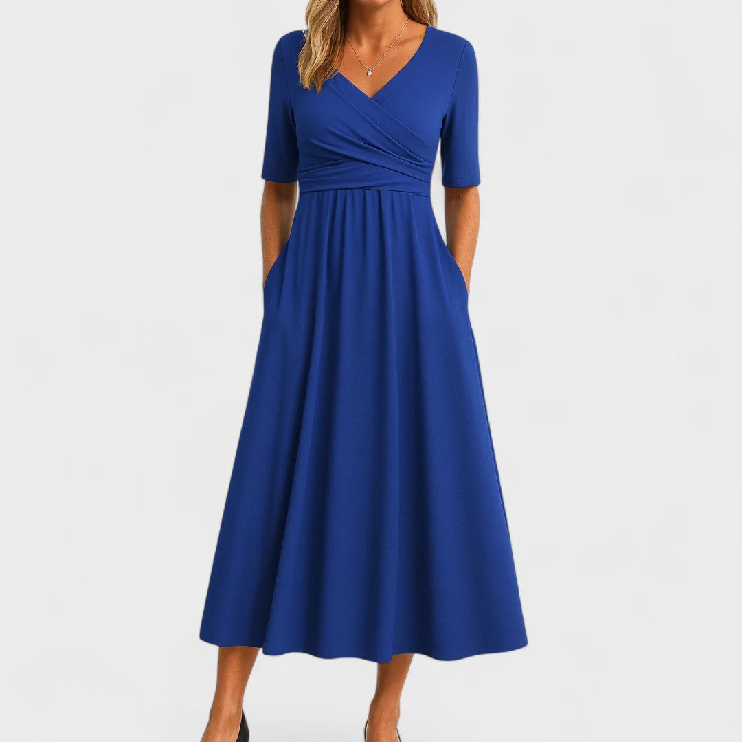 V-Neck Midi Dress with Pleated Waist Detail and Short Sleeves