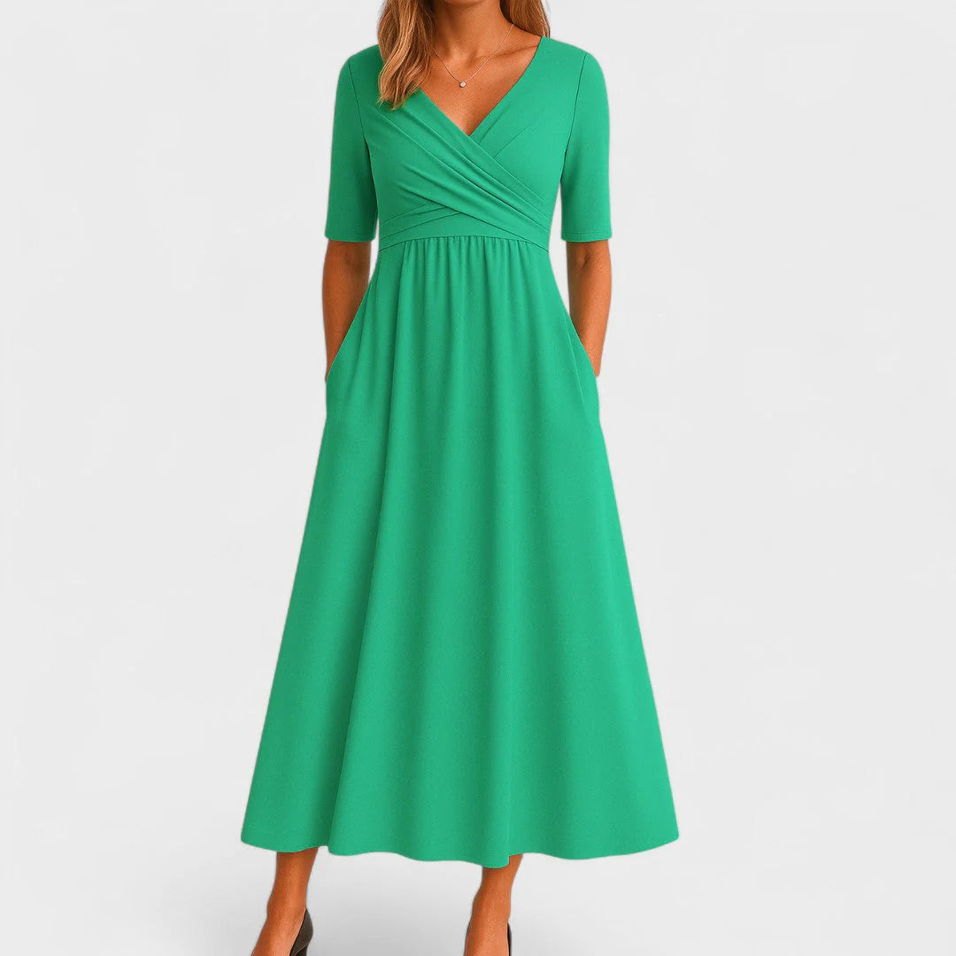 V-Neck Midi Dress with Pleated Waist Detail and Short Sleeves