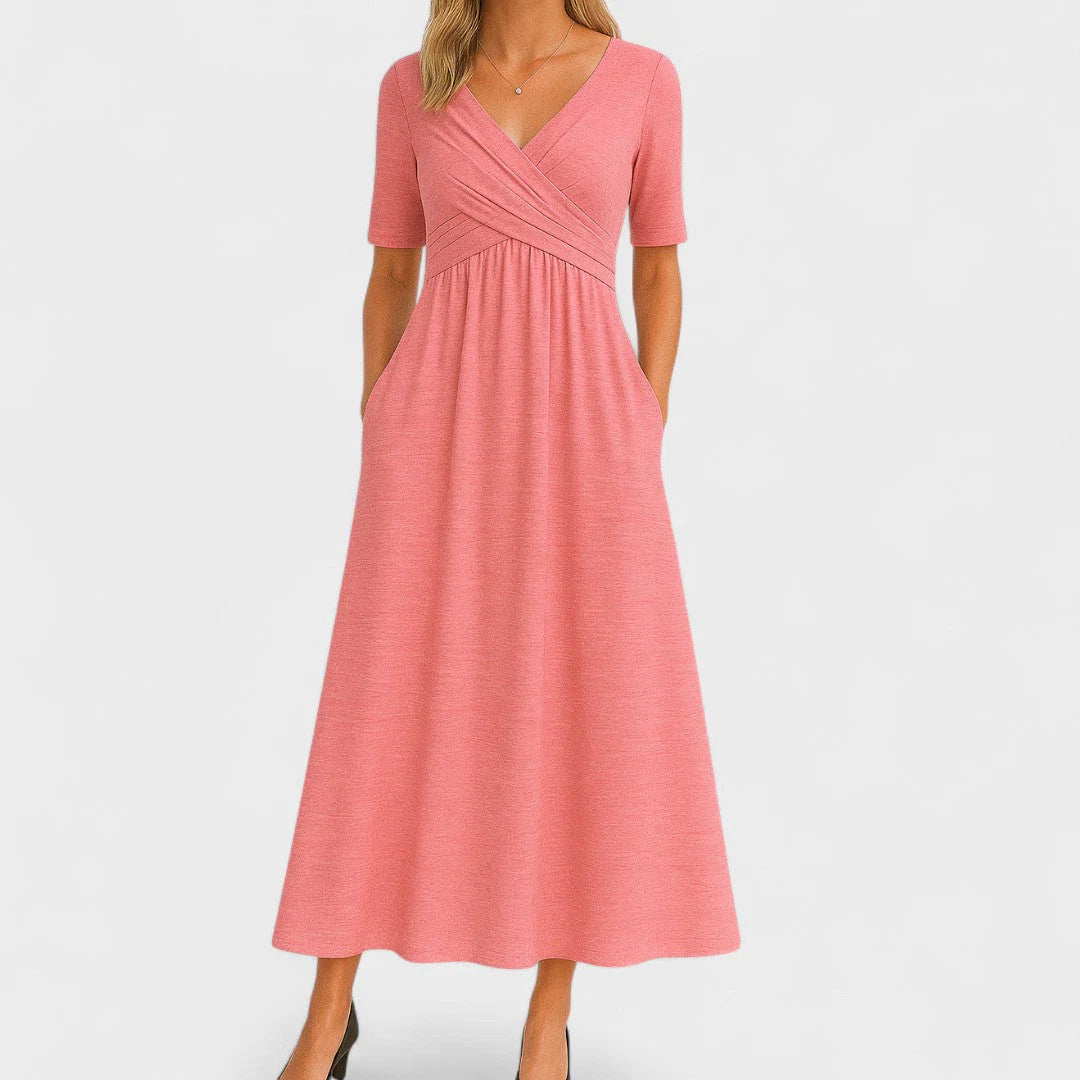 V-Neck Midi Dress with Pleated Waist Detail and Short Sleeves